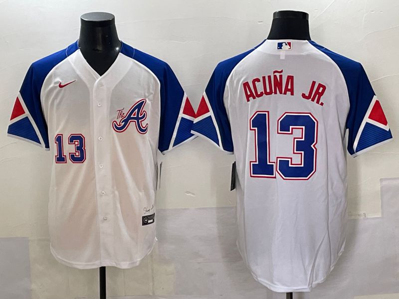 Men 2025 Atlanta Braves #13 Acuna jr White blue City Edition Nike MLB Jersey style 1